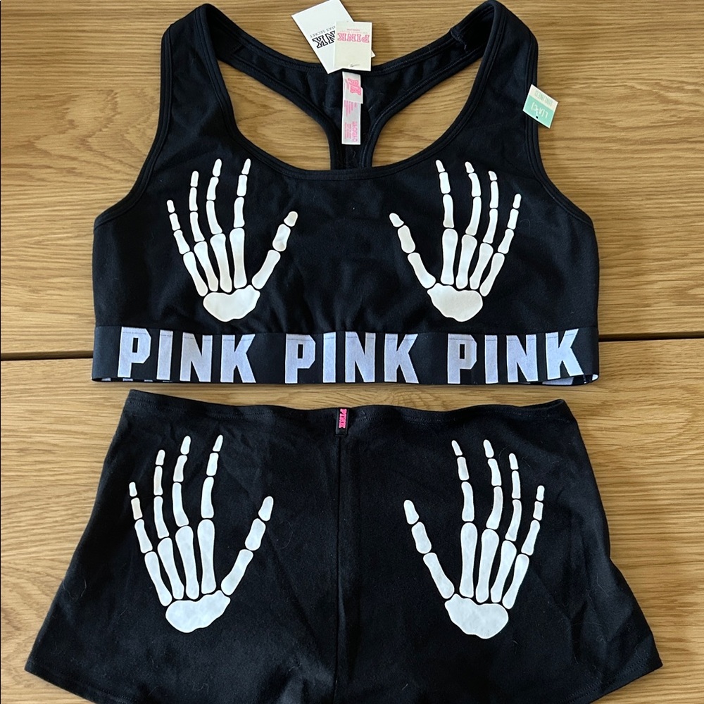PINK Victoria's Secret Black Sports Bra with Skeleton Hand Design